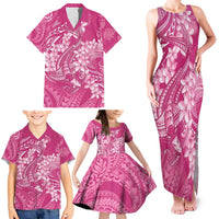 Pink Polynesia Hammerhead Shark Tattoo With Plumeria Lei Family Matching Tank Maxi Dress and Hawaiian Shirt