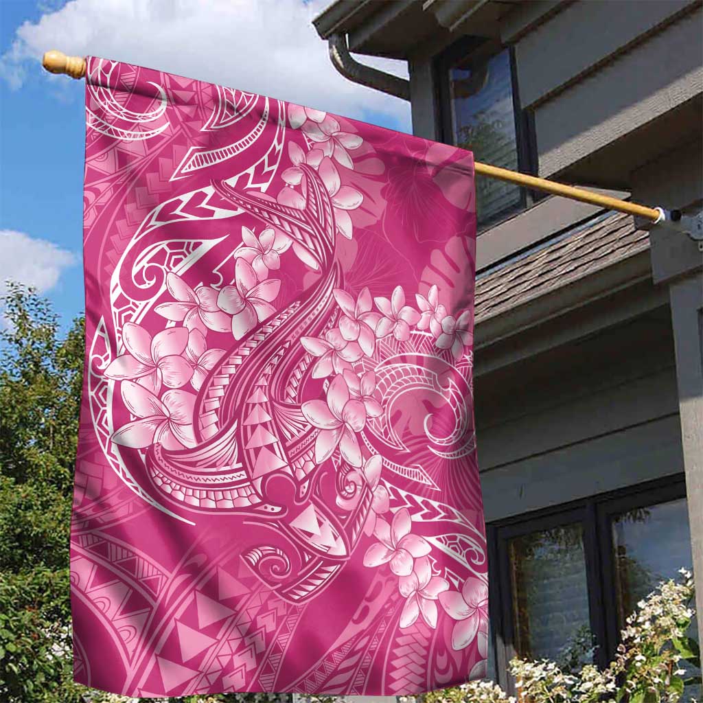 Pink Polynesia Hammerhead Shark Tattoo With Plumeria Lei Garden Flag