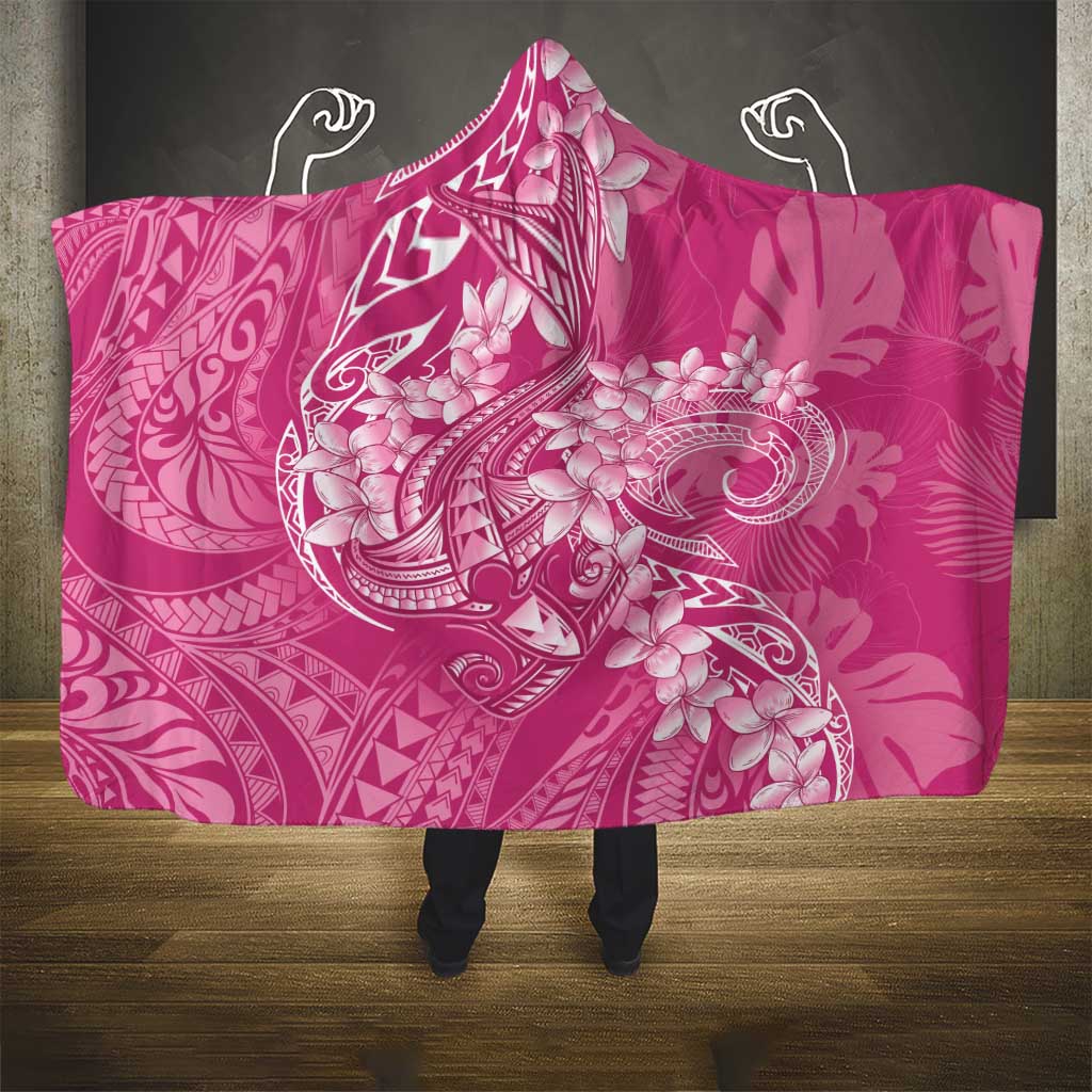 Pink Polynesia Hammerhead Shark Tattoo With Plumeria Lei Hooded Blanket