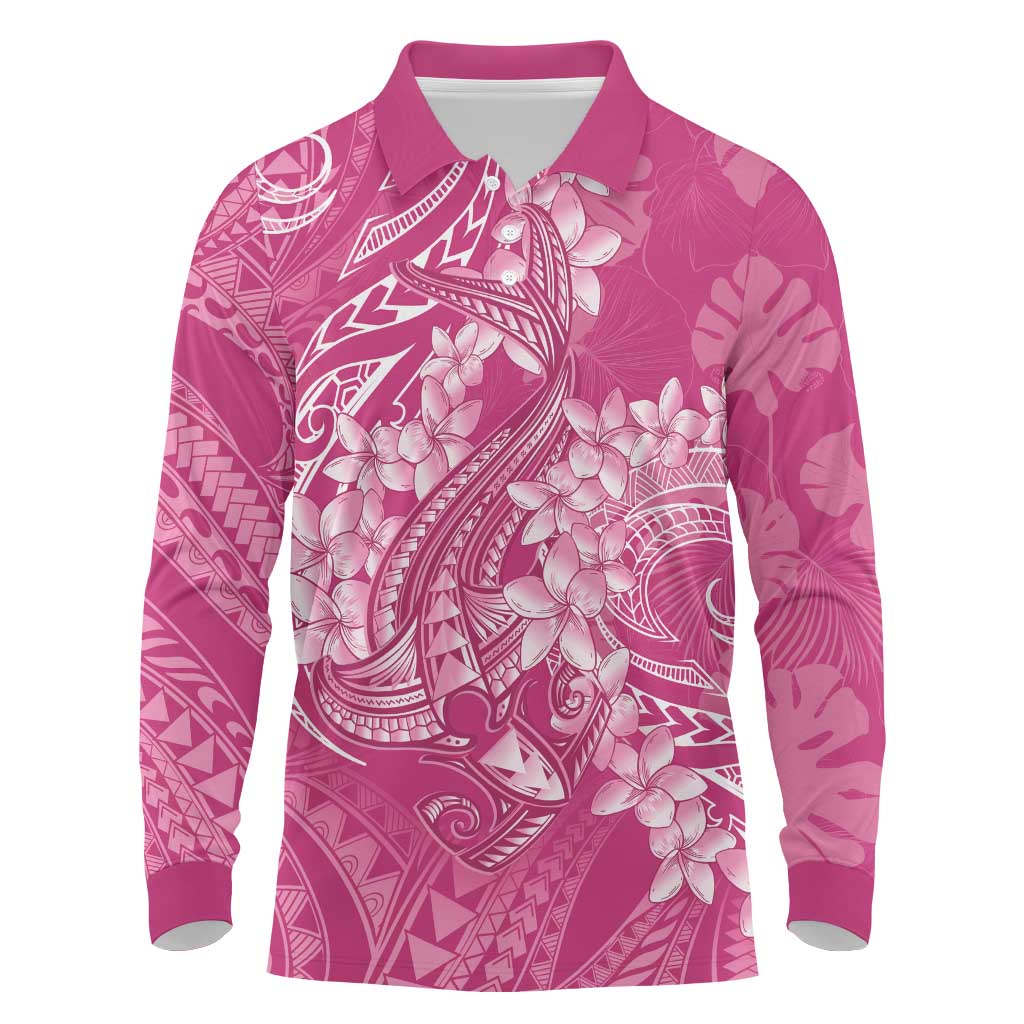 Pink Polynesia Hammerhead Shark Tattoo With Plumeria Lei Long Sleeve Polo Shirt LT14 Pink - Polynesian Pride