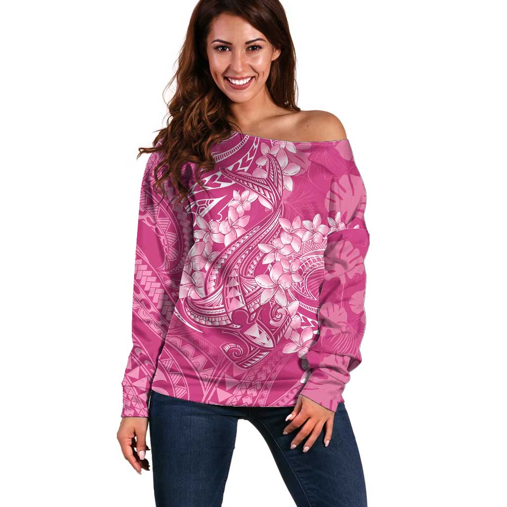 Pink Polynesia Hammerhead Shark Tattoo With Plumeria Lei Off Shoulder Sweater