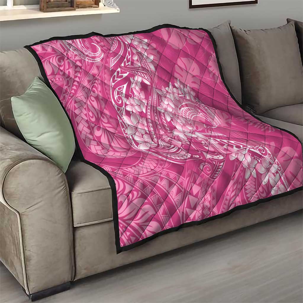Pink Polynesia Hammerhead Shark Tattoo With Plumeria Lei Quilt
