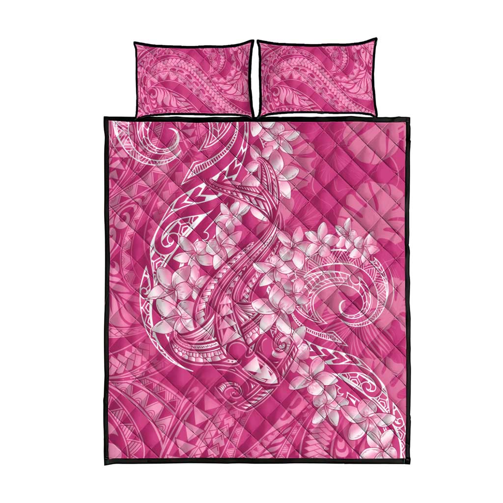 Pink Polynesia Hammerhead Shark Tattoo With Plumeria Lei Quilt Bed Set