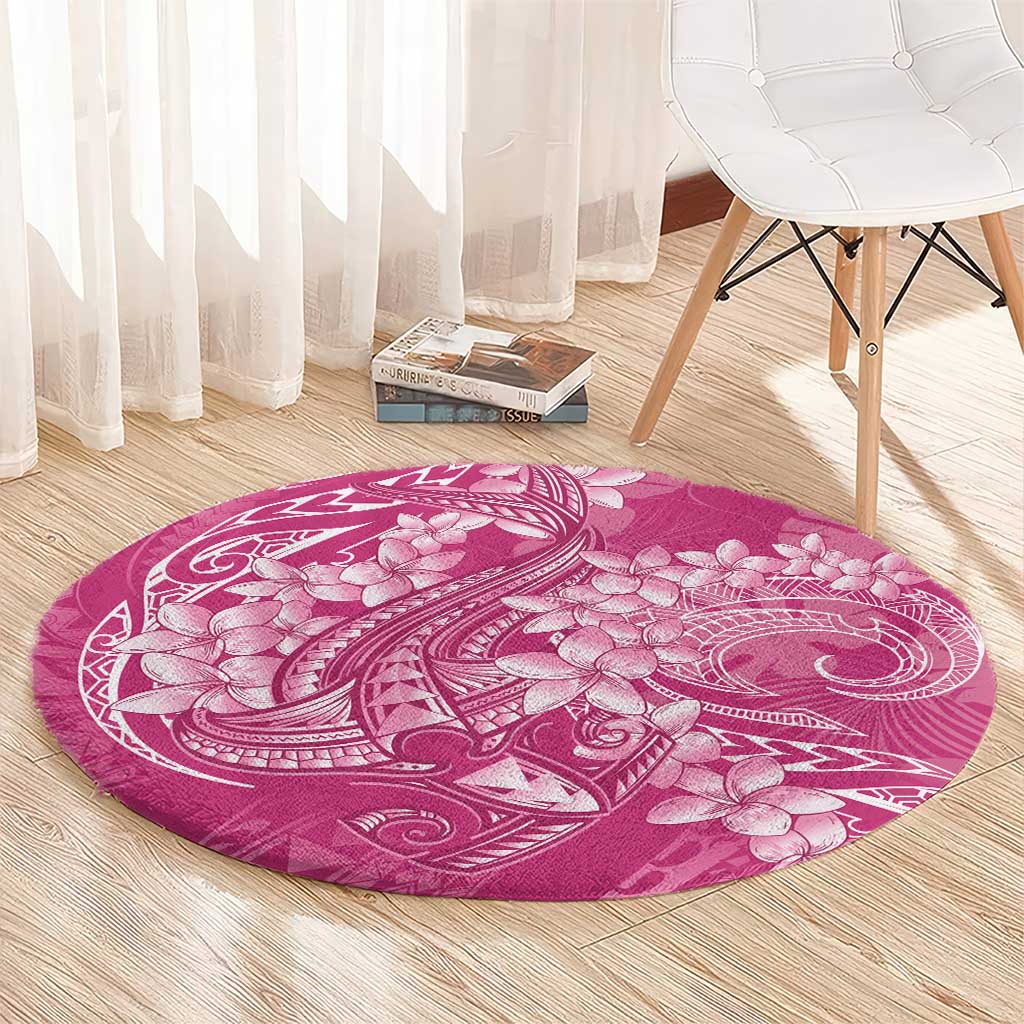 Pink Polynesia Hammerhead Shark Tattoo With Plumeria Lei Round Carpet