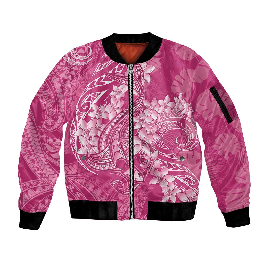 Pink Polynesia Hammerhead Shark Tattoo With Plumeria Lei Sleeve Zip Bomber Jacket LT14 Unisex Pink - Polynesian Pride