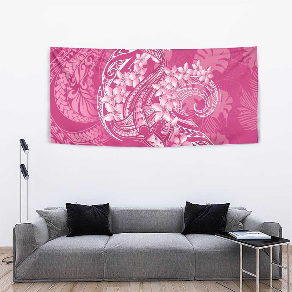 Pink Polynesia Hammerhead Shark Tattoo With Plumeria Lei Tapestry