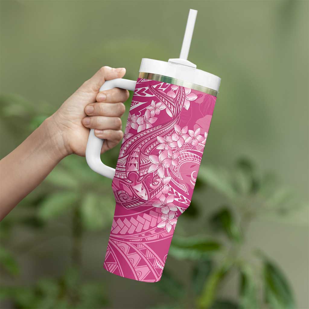 Pink Polynesia Hammerhead Shark Tattoo With Plumeria Lei Tumbler With Handle LT14 - Polynesian Pride