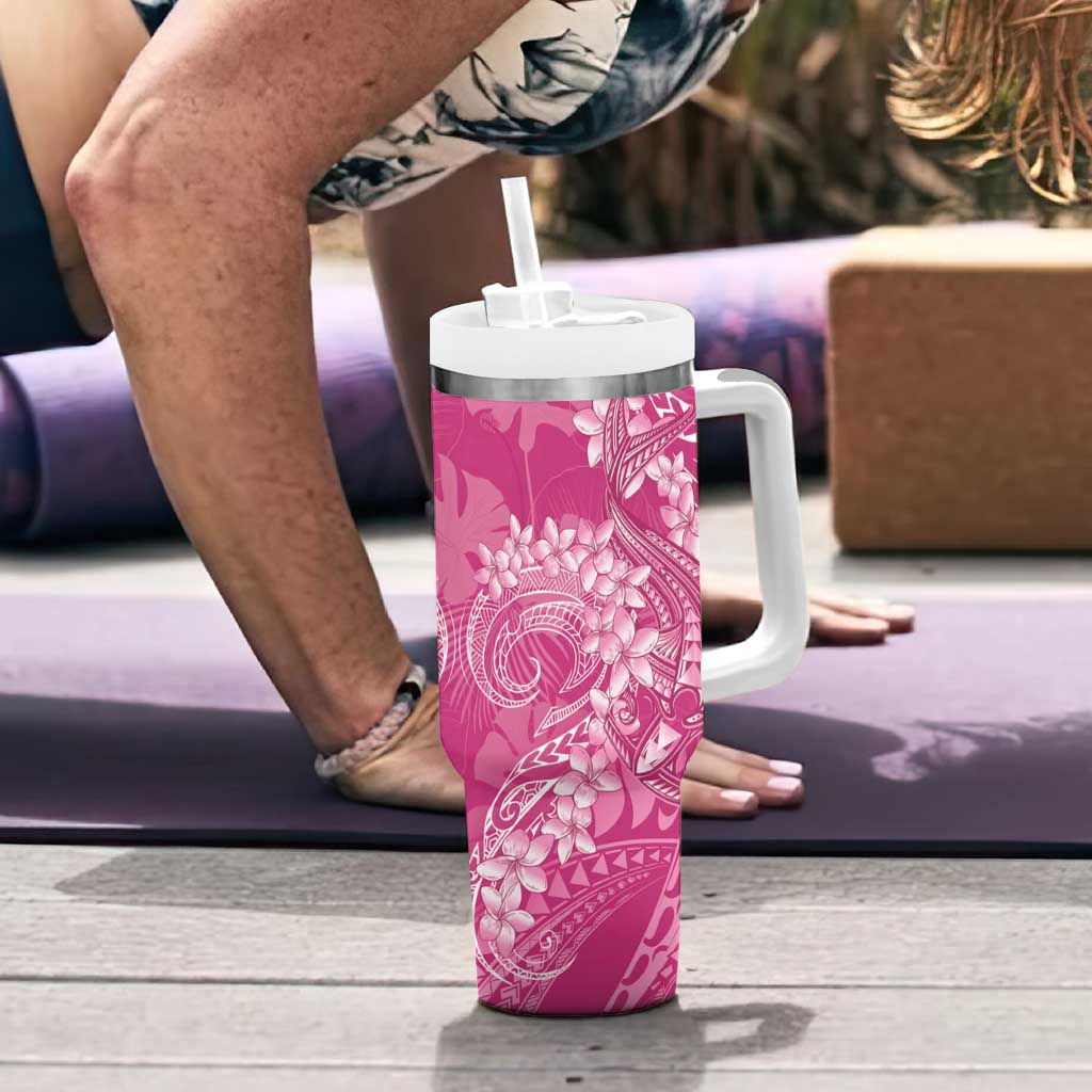 Pink Polynesia Hammerhead Shark Tattoo With Plumeria Lei Tumbler With Handle LT14 - Polynesian Pride