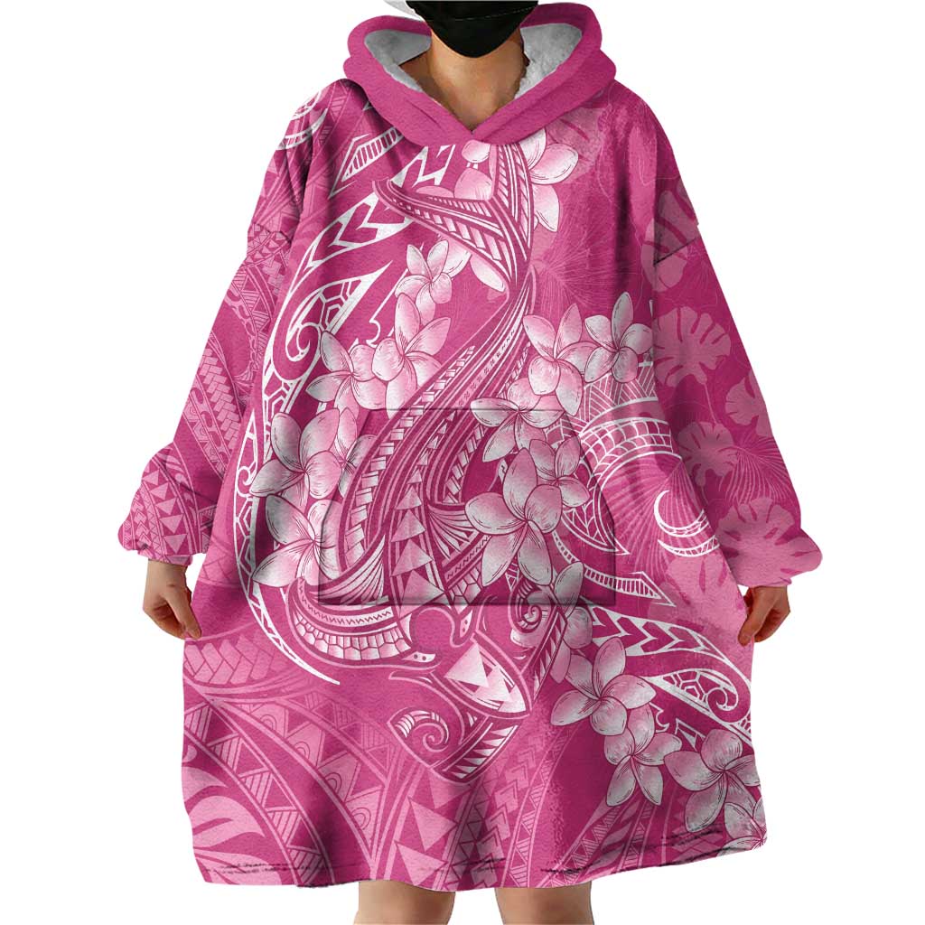 Pink Polynesia Hammerhead Shark Tattoo With Plumeria Lei Wearable Blanket Hoodie