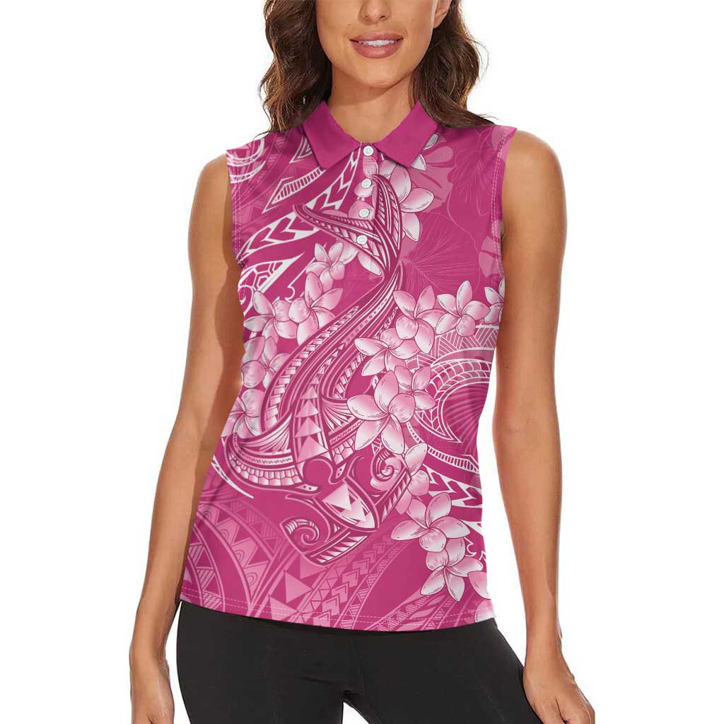 Pink Polynesia Hammerhead Shark Tattoo With Plumeria Lei Women Sleeveless Polo Shirt LT14 - Polynesian Pride