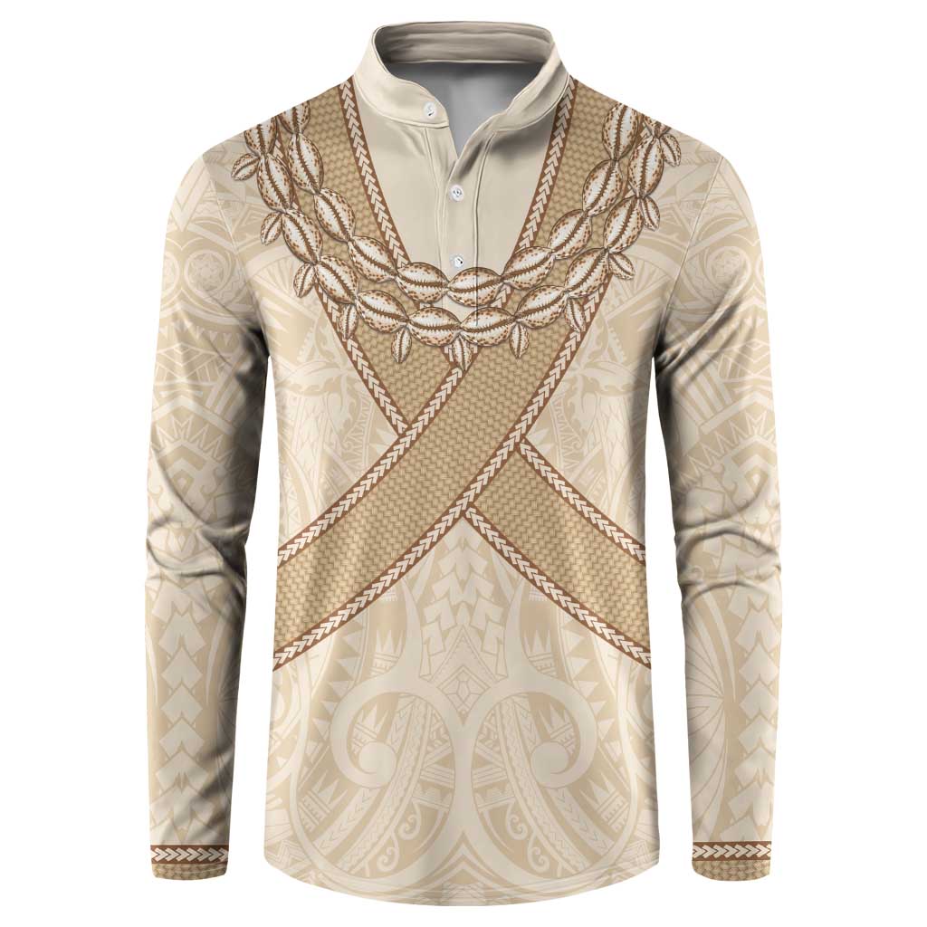 Mauri Ribaberiki Kiribati Button Sweatshirt Cowrie Shells Lei Palm Leaf Weaving LT14 Beige - Polynesian Pride