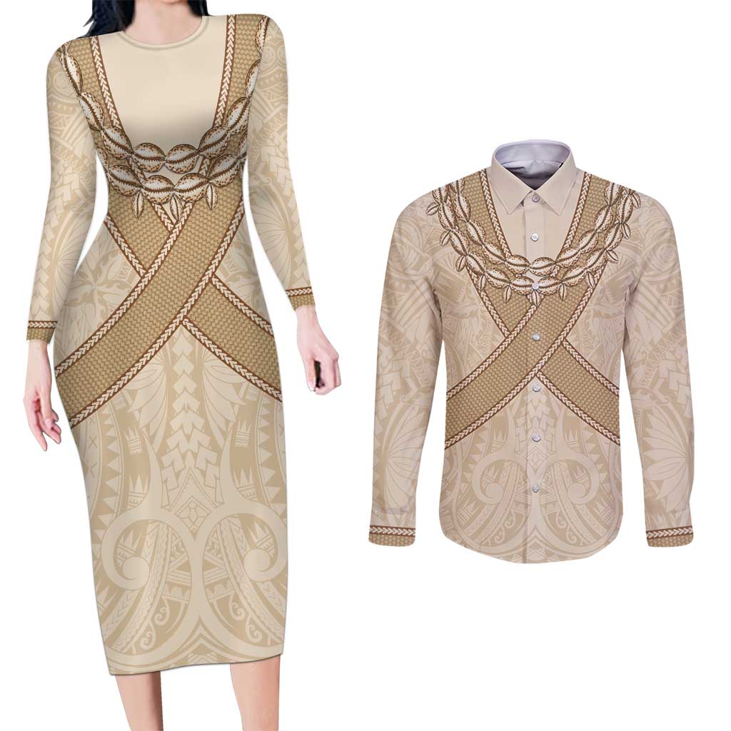 Mauri Ribaberiki Kiribati Couples Matching Long Sleeve Bodycon Dress and Long Sleeve Button Shirt Cowrie Shells Lei Palm Leaf Weaving LT14 Beige - Polynesian Pride