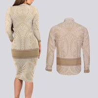 Mauri Ribaberiki Kiribati Couples Matching Long Sleeve Bodycon Dress and Long Sleeve Button Shirt Cowrie Shells Lei Palm Leaf Weaving LT14 - Polynesian Pride