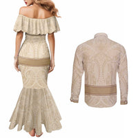 Mauri Ribaberiki Kiribati Couples Matching Mermaid Dress and Long Sleeve Button Shirt Cowrie Shells Lei Palm Leaf Weaving LT14 - Polynesian Pride
