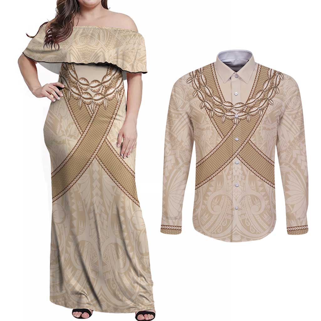 Mauri Ribaberiki Kiribati Couples Matching Off Shoulder Maxi Dress and Long Sleeve Button Shirt Cowrie Shells Lei Palm Leaf Weaving LT14 Beige - Polynesian Pride