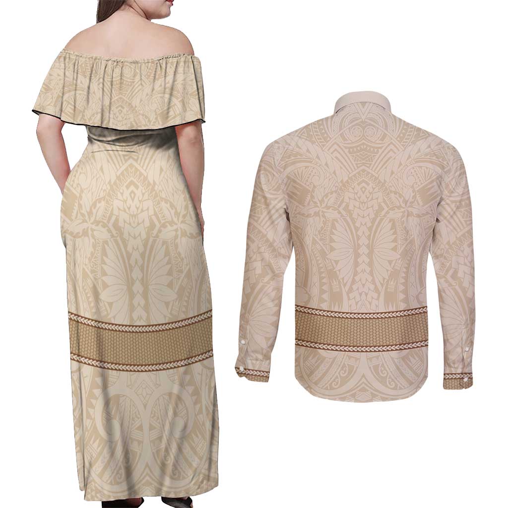 Mauri Ribaberiki Kiribati Couples Matching Off Shoulder Maxi Dress and Long Sleeve Button Shirt Cowrie Shells Lei Palm Leaf Weaving LT14 - Polynesian Pride