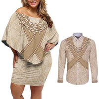 Mauri Ribaberiki Kiribati Couples Matching Off Shoulder Short Dress and Long Sleeve Button Shirt Cowrie Shells Lei Palm Leaf Weaving LT14 Beige - Polynesian Pride