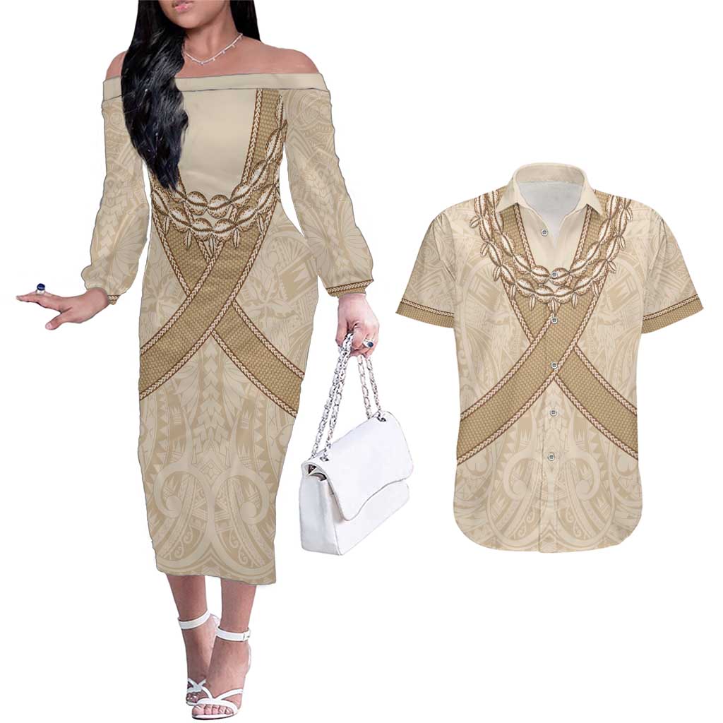 Mauri Ribaberiki Kiribati Couples Matching Off The Shoulder Long Sleeve Dress and Hawaiian Shirt Cowrie Shells Lei Palm Leaf Weaving