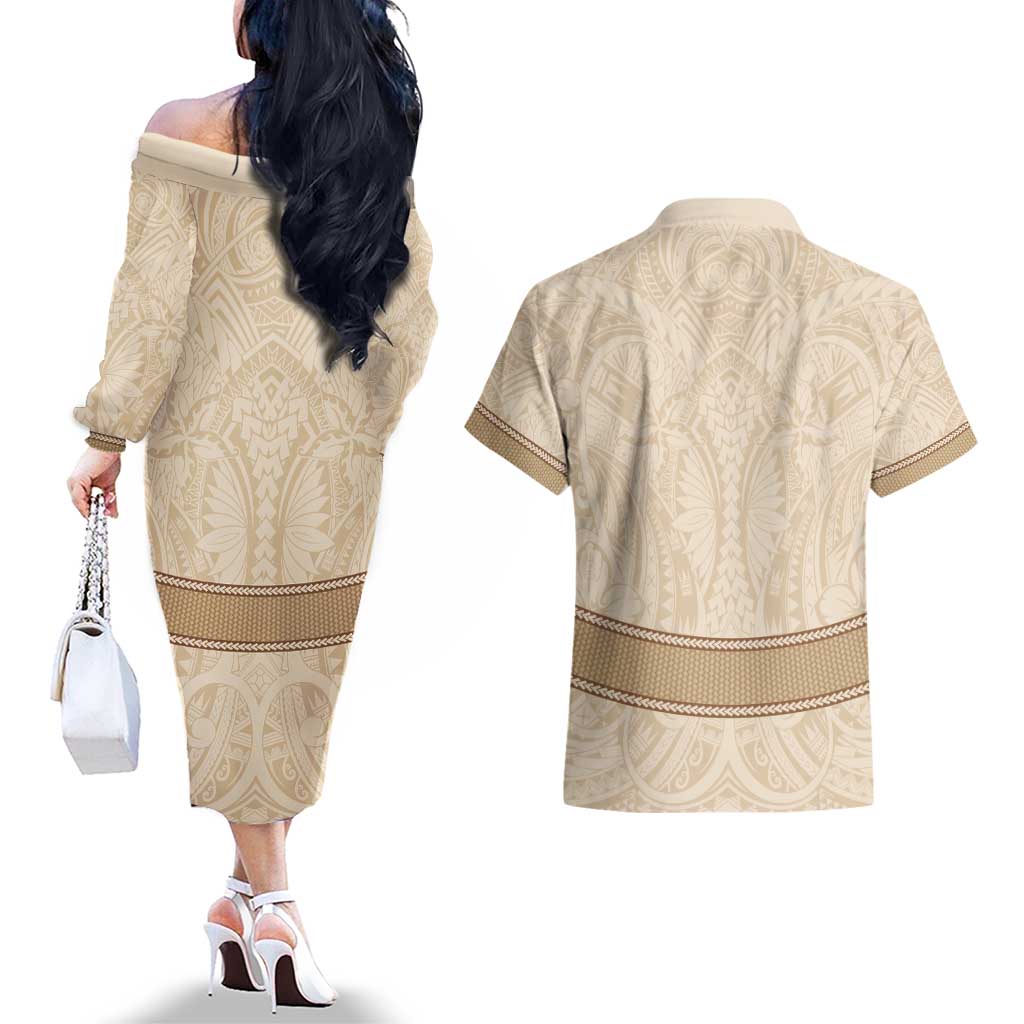 Mauri Ribaberiki Kiribati Couples Matching Off The Shoulder Long Sleeve Dress and Hawaiian Shirt Cowrie Shells Lei Palm Leaf Weaving