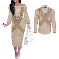 Mauri Ribaberiki Kiribati Couples Matching Off The Shoulder Long Sleeve Dress and Long Sleeve Button Shirt Cowrie Shells Lei Palm Leaf Weaving LT14 Beige - Polynesian Pride