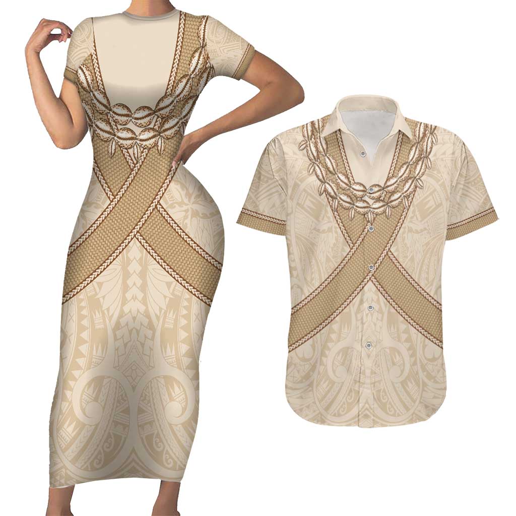 Mauri Ribaberiki Kiribati Couples Matching Short Sleeve Bodycon Dress and Hawaiian Shirt Cowrie Shells Lei Palm Leaf Weaving