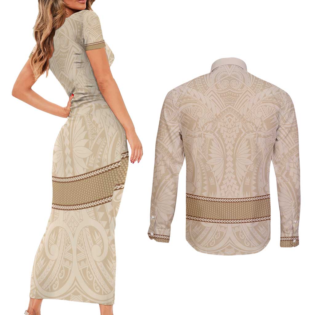 Mauri Ribaberiki Kiribati Couples Matching Short Sleeve Bodycon Dress and Long Sleeve Button Shirt Cowrie Shells Lei Palm Leaf Weaving LT14 - Polynesian Pride