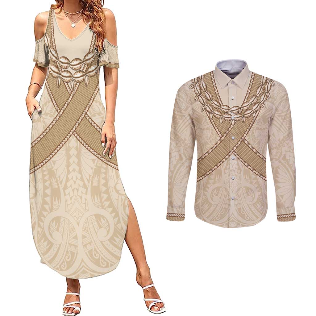 Mauri Ribaberiki Kiribati Couples Matching Summer Maxi Dress and Long Sleeve Button Shirt Cowrie Shells Lei Palm Leaf Weaving LT14 Beige - Polynesian Pride