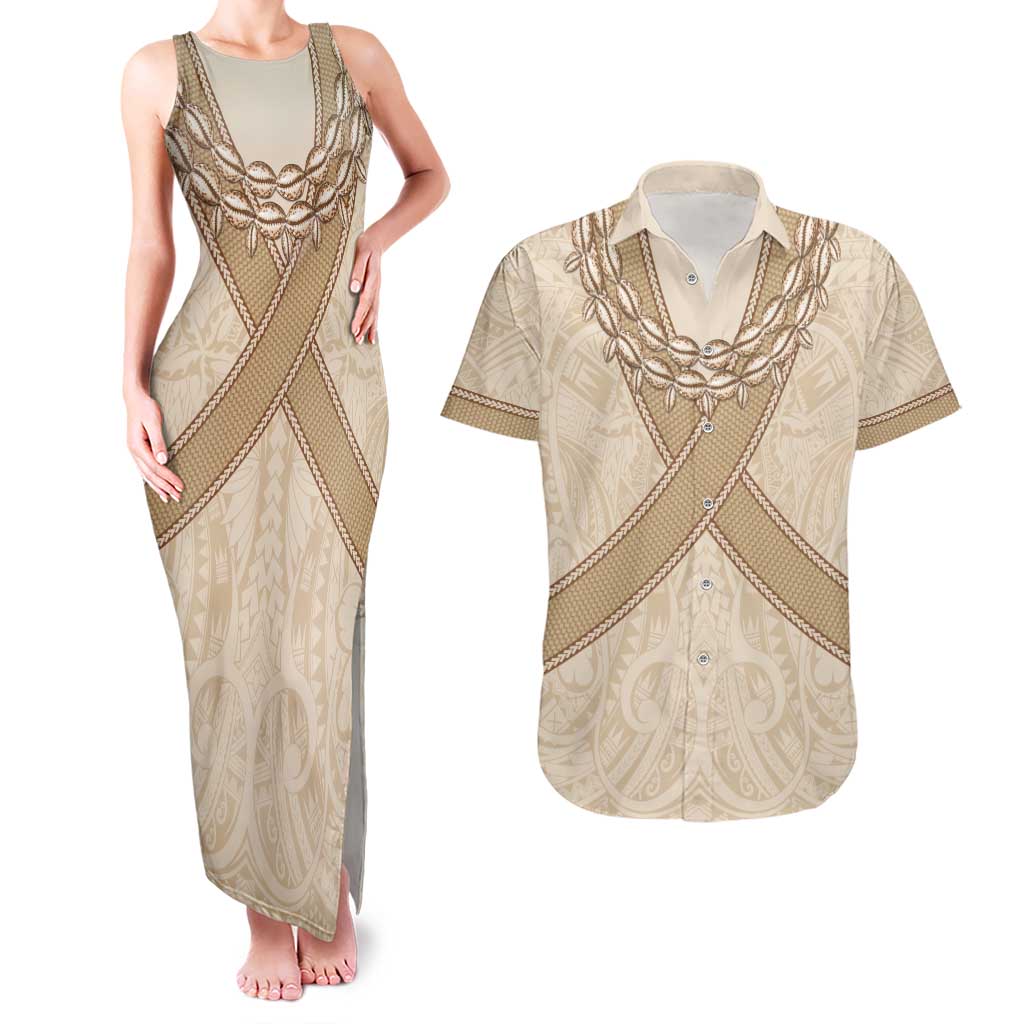 Mauri Ribaberiki Kiribati Couples Matching Tank Maxi Dress and Hawaiian Shirt Cowrie Shells Lei Palm Leaf Weaving LT14 Beige - Polynesian Pride