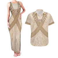 Mauri Ribaberiki Kiribati Couples Matching Tank Maxi Dress and Hawaiian Shirt Cowrie Shells Lei Palm Leaf Weaving LT14 Beige - Polynesian Pride