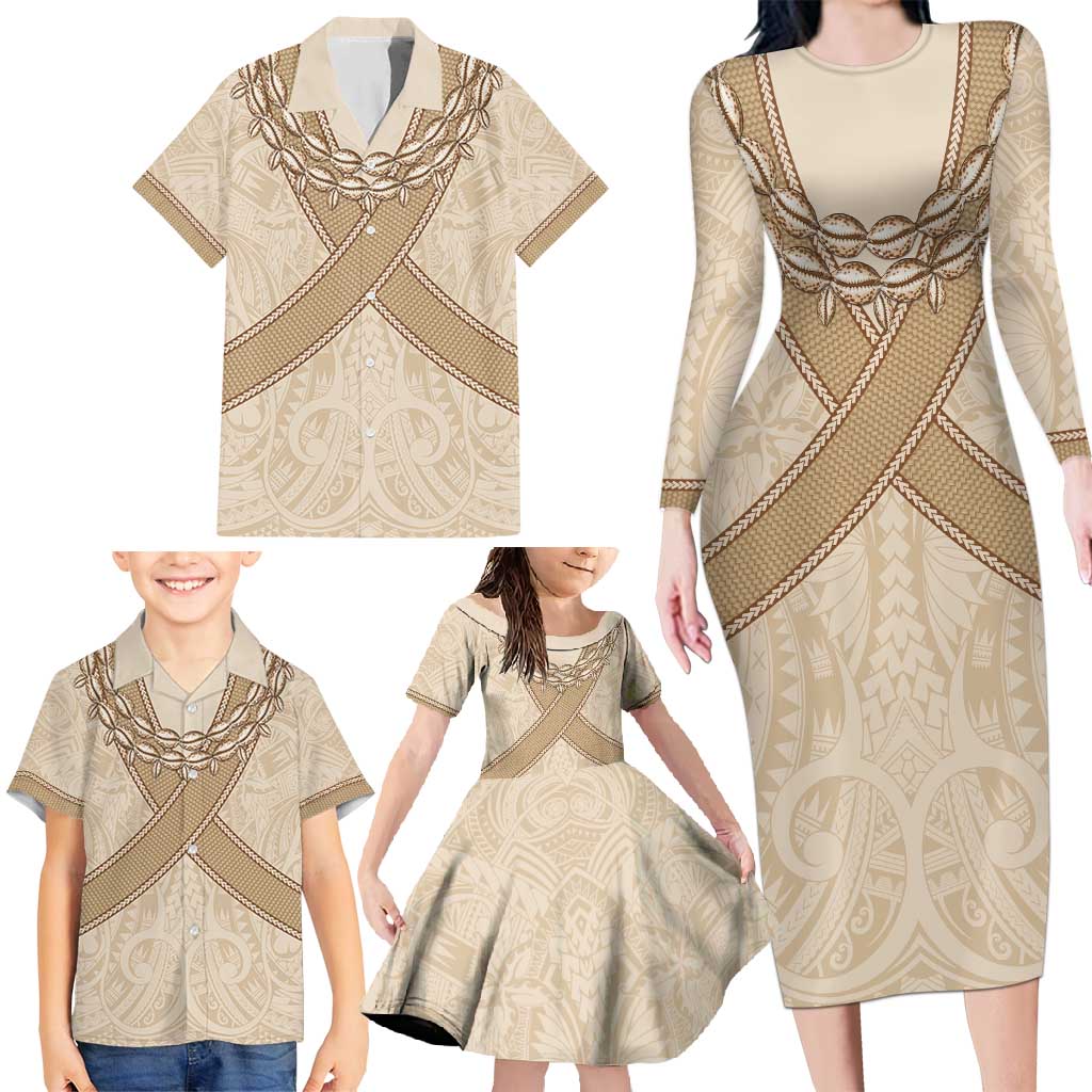 Mauri Ribaberiki Kiribati Family Matching Long Sleeve Bodycon Dress and Hawaiian Shirt Cowrie Shells Lei Palm Leaf Weaving