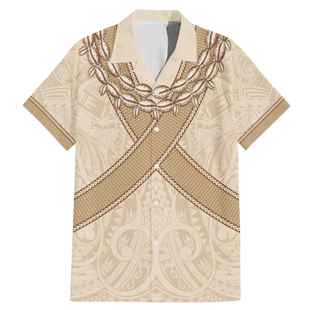 Mauri Ribaberiki Kiribati Family Matching Mermaid Dress and Hawaiian Shirt Cowrie Shells Lei Palm Leaf Weaving LT14 Dad's Shirt - Short Sleeve Beige - Polynesian Pride