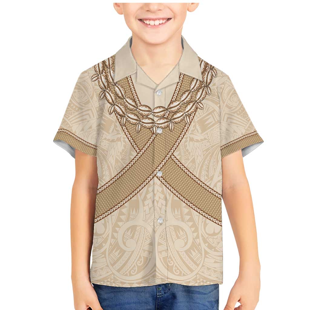 Mauri Ribaberiki Kiribati Family Matching Mermaid Dress and Hawaiian Shirt Cowrie Shells Lei Palm Leaf Weaving LT14 Son's Shirt Beige - Polynesian Pride