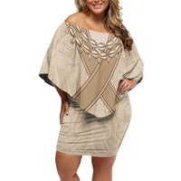 Mauri Ribaberiki Kiribati Family Matching Off Shoulder Short Dress and Hawaiian Shirt Cowrie Shells Lei Palm Leaf Weaving LT14 Mom's Dress Beige - Polynesian Pride