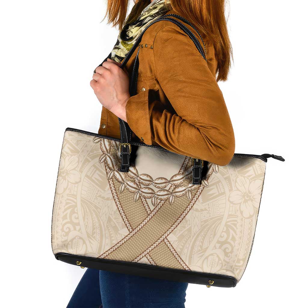 Mauri Ribaberiki Kiribati Leather Tote Bag Cowrie Shells Lei Palm Leaf Weaving LT14 Beige - Polynesian Pride