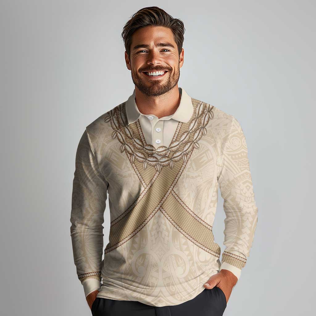 Mauri Ribaberiki Kiribati Long Sleeve Polo Shirt Cowrie Shells Lei Palm Leaf Weaving