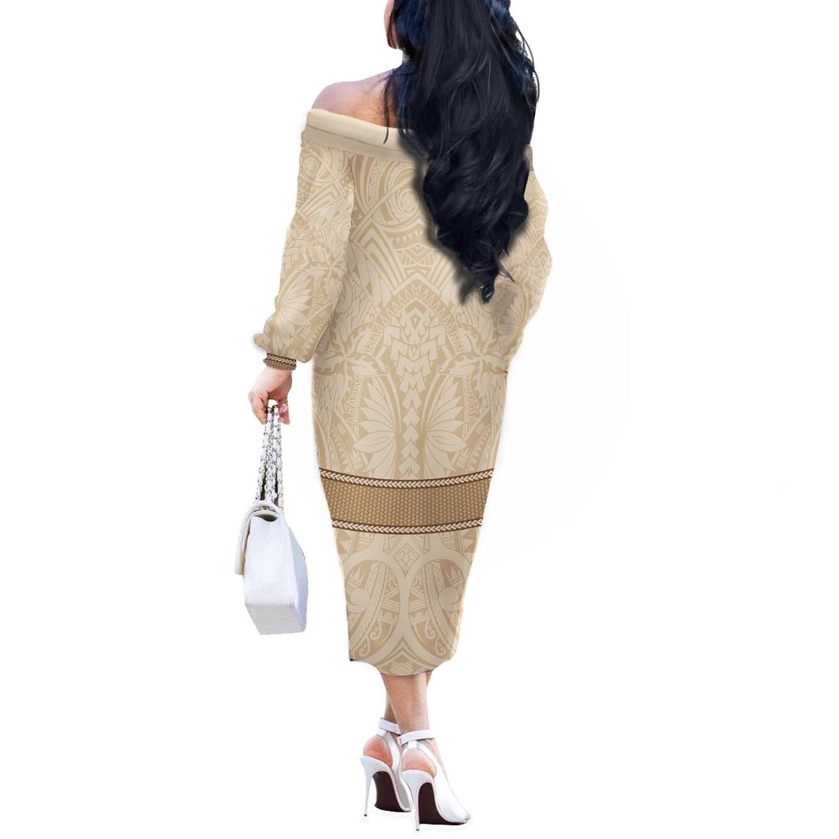 Mauri Ribaberiki Kiribati Off The Shoulder Long Sleeve Dress Cowrie Shells Lei Palm Leaf Weaving LT14 - Polynesian Pride