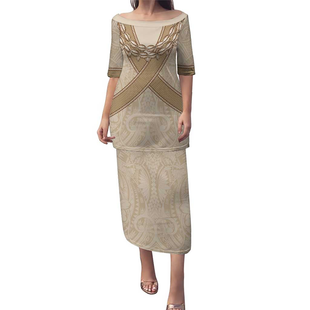 Mauri Ribaberiki Kiribati Puletasi Cowrie Shells Lei Palm Leaf Weaving LT14 Long Dress Beige - Polynesian Pride