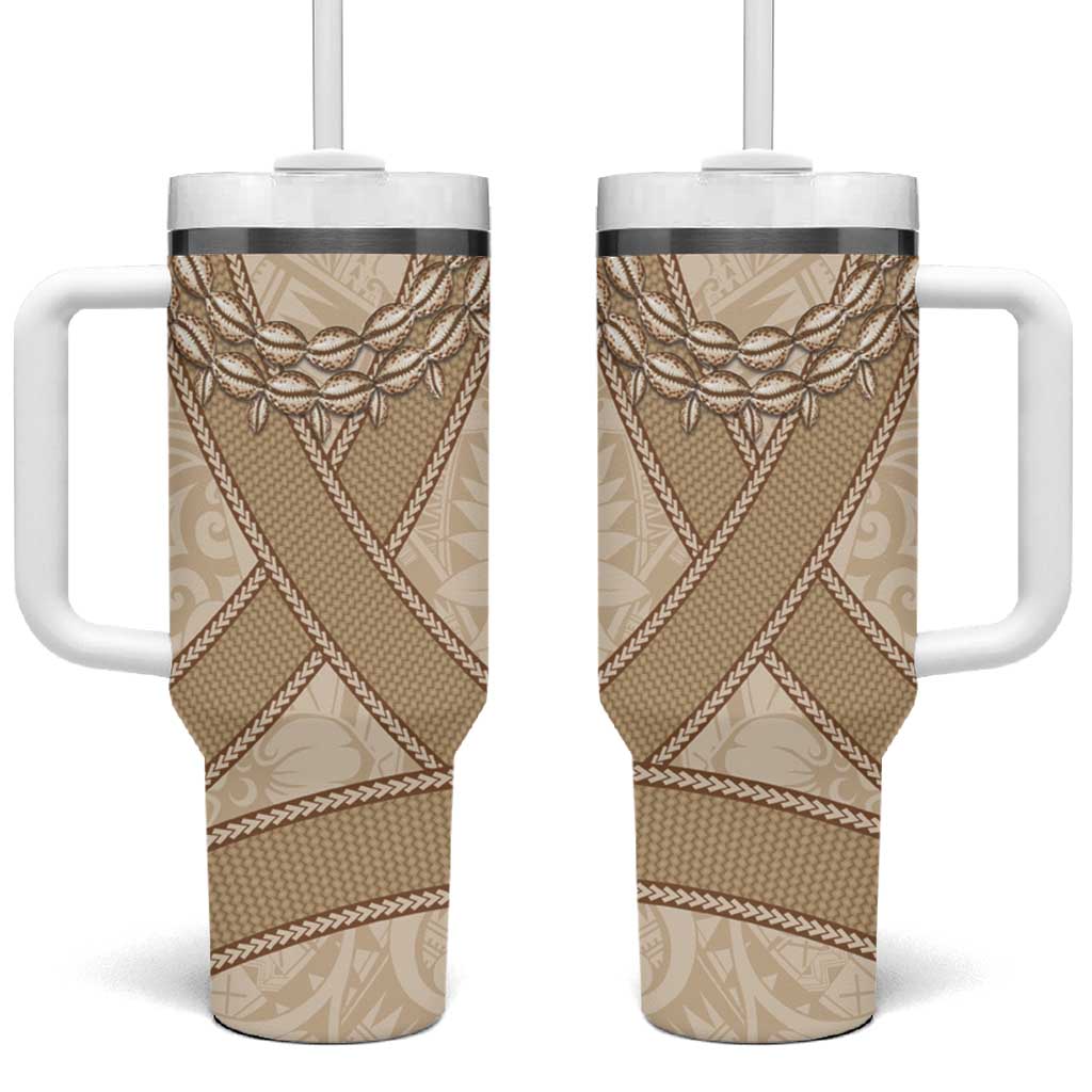 Mauri Ribaberiki Kiribati Tumbler With Handle Cowrie Shells Lei Palm Leaf Weaving LT14 One Size: 40 oz Beige - Polynesian Pride