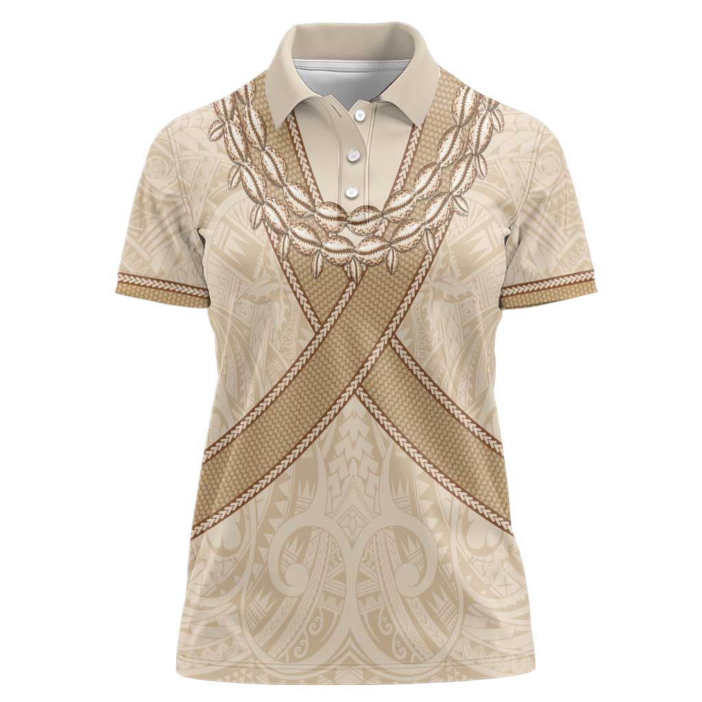 Mauri Ribaberiki Kiribati Women Polo Shirt Cowrie Shells Lei Palm Leaf Weaving LT14 Female Beige - Polynesian Pride
