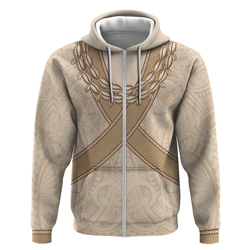 Mauri Ribaberiki Kiribati Zip Hoodie Cowrie Shells Lei Palm Leaf Weaving LT14 Zip Hoodie Beige - Polynesian Pride