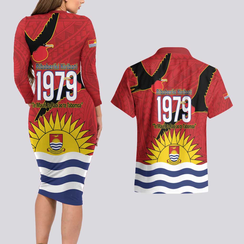 Mauri Kiribati Independence Day Couples Matching Long Sleeve Bodycon Dress and Hawaiian Shirt 1979 Proud National Frigatebird LT14 - Polynesian Pride