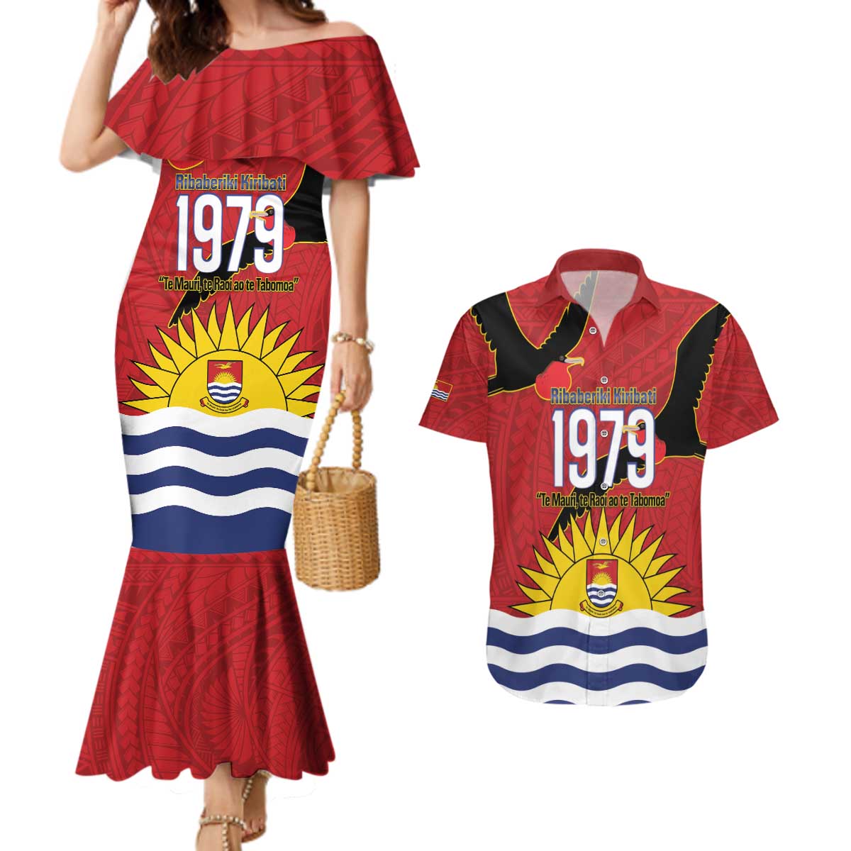 Mauri Kiribati Independence Day Couples Matching Mermaid Dress and Hawaiian Shirt 1979 Proud National Frigatebird LT14 Red - Polynesian Pride