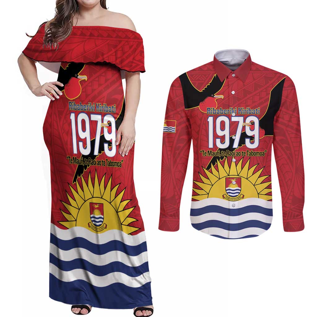 Mauri Kiribati Independence Day Couples Matching Off Shoulder Maxi Dress and Long Sleeve Button Shirt 1979 Proud National Frigatebird LT14 Red - Polynesian Pride