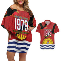 Mauri Kiribati Independence Day Couples Matching Off Shoulder Short Dress and Hawaiian Shirt 1979 Proud National Frigatebird LT14 Red - Polynesian Pride