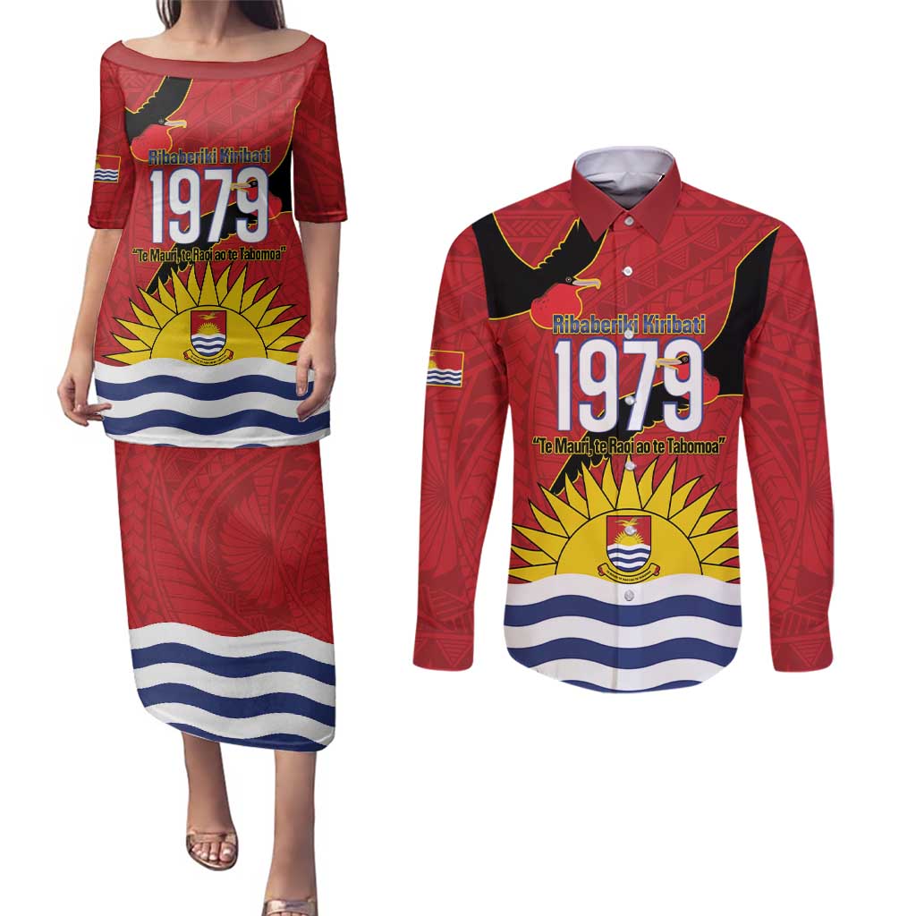 Mauri Kiribati Independence Day Couples Matching Puletasi and Long Sleeve Button Shirt 1979 Proud National Frigatebird LT14 Red - Polynesian Pride