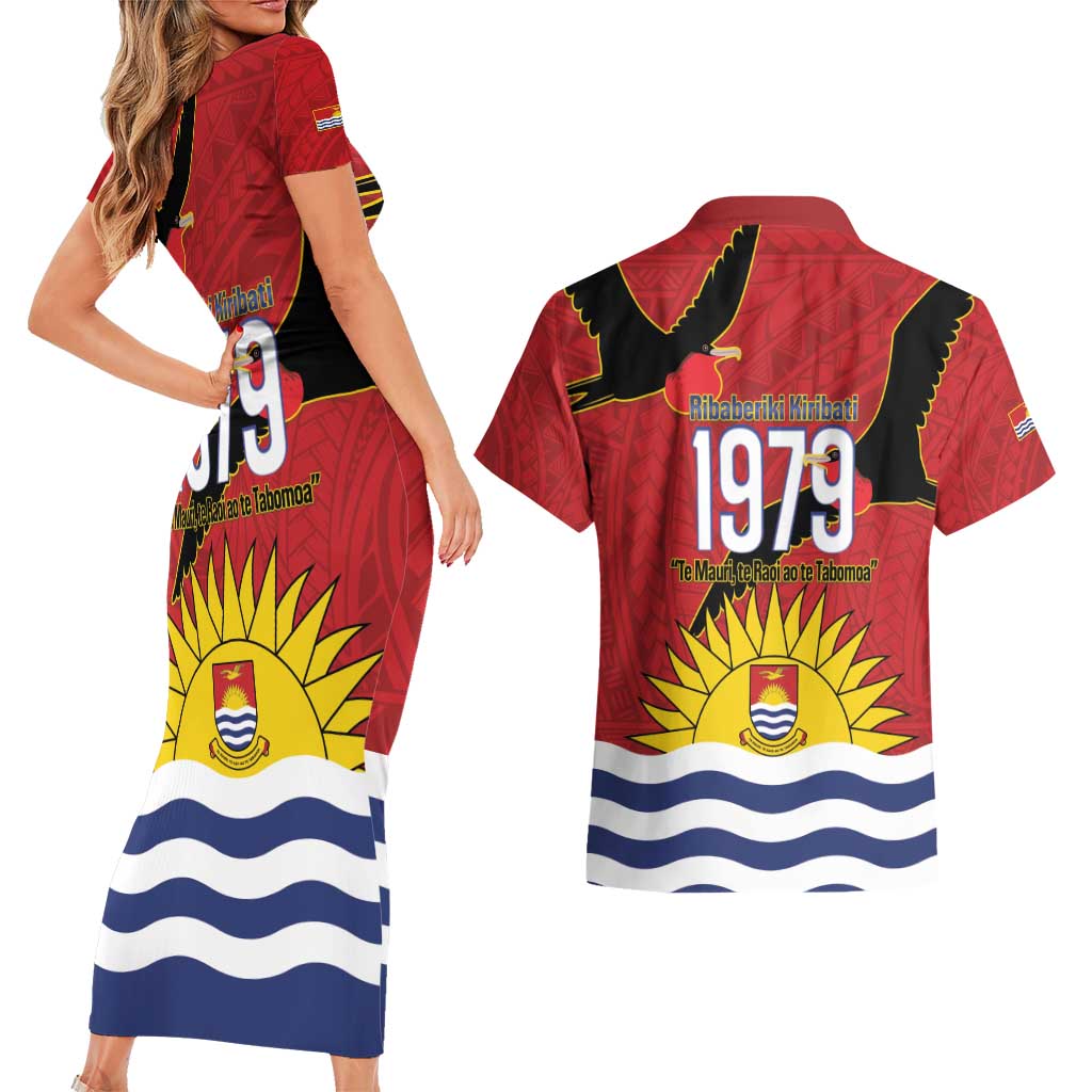 Mauri Kiribati Independence Day Couples Matching Short Sleeve Bodycon Dress and Hawaiian Shirt 1979 Proud National Frigatebird LT14 - Polynesian Pride