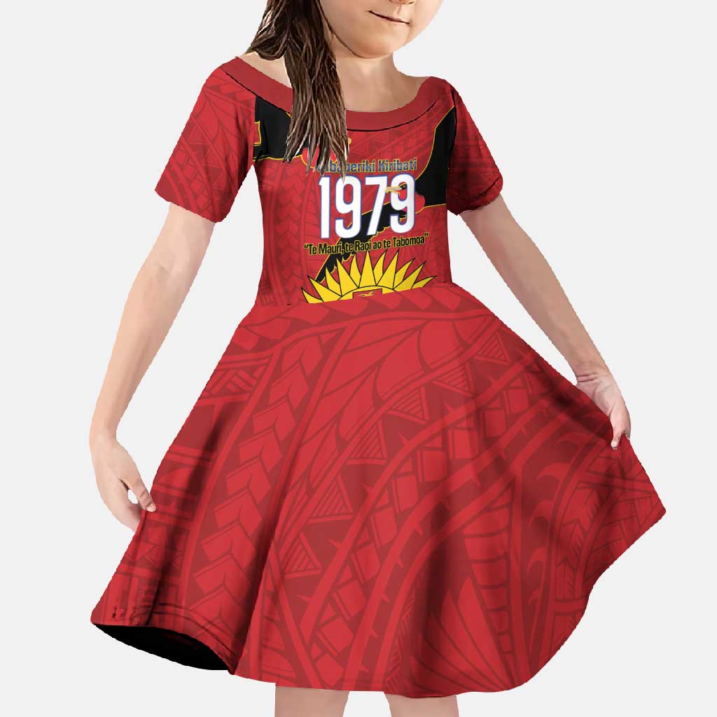 Mauri Kiribati Independence Day Family Matching Off Shoulder Maxi Dress and Hawaiian Shirt 1979 Proud National Frigatebird LT14 Daughter's Dress Red - Polynesian Pride