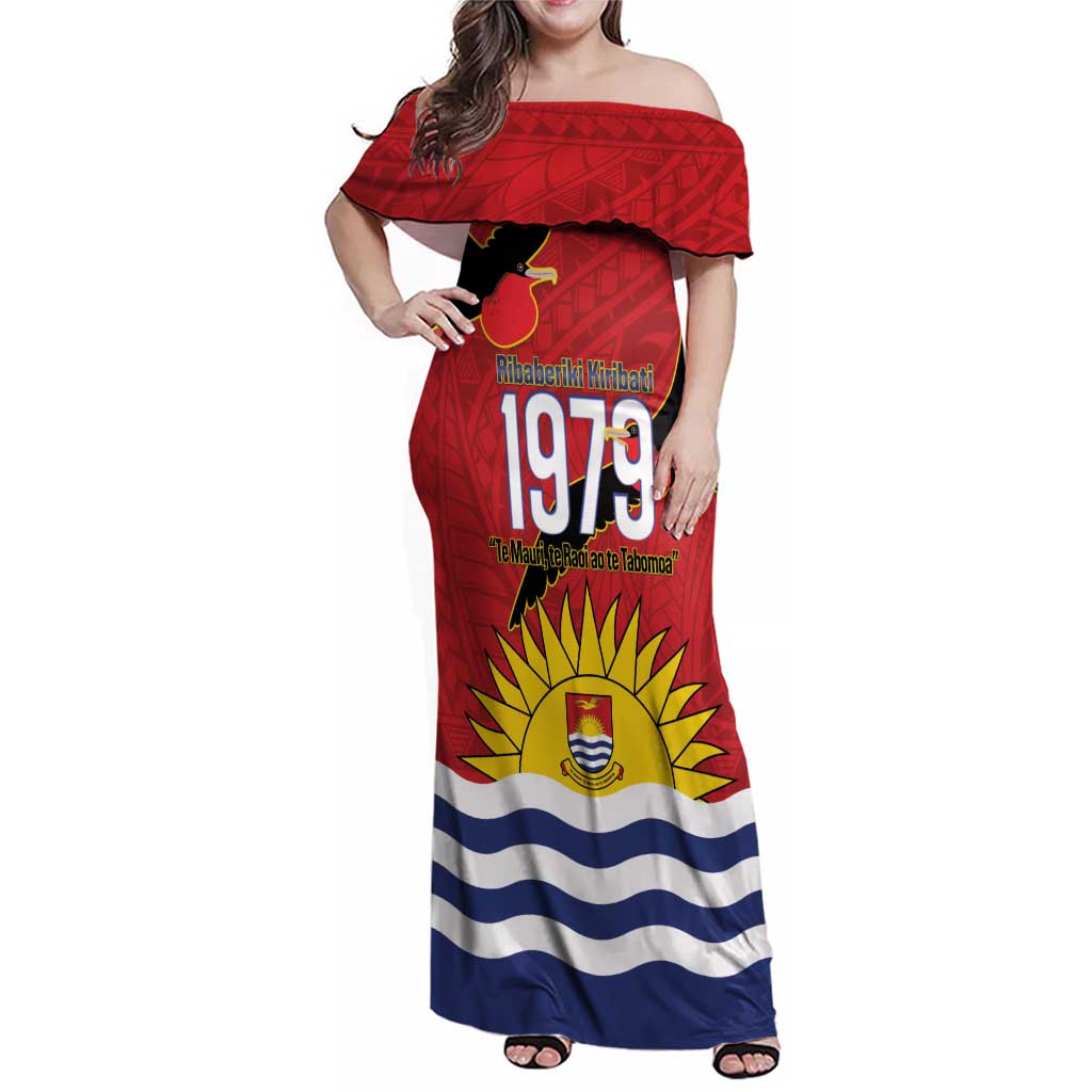 Mauri Kiribati Independence Day Family Matching Off Shoulder Maxi Dress and Hawaiian Shirt 1979 Proud National Frigatebird LT14 Mom's Dress Red - Polynesian Pride