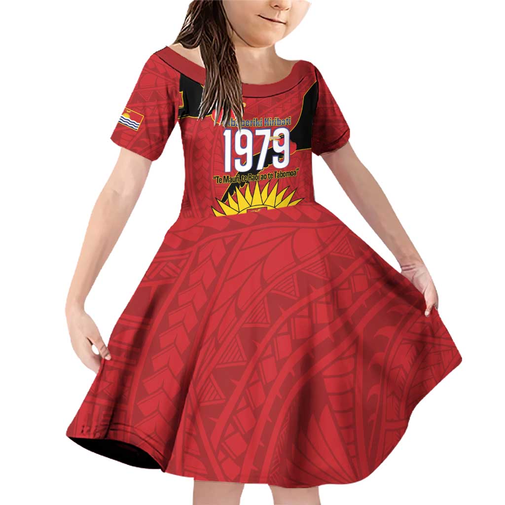 Mauri Kiribati Independence Day Family Matching Off Shoulder Short Dress and Hawaiian Shirt 1979 Proud National Frigatebird LT14 Daughter's Dress Red - Polynesian Pride