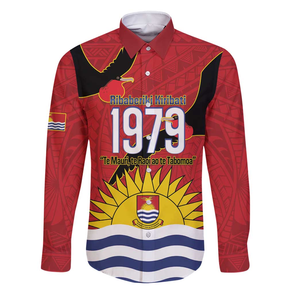 Mauri Kiribati Independence Day Family Matching Off Shoulder Short Dress and Hawaiian Shirt 1979 Proud National Frigatebird LT14 Dad's Shirt - Long Sleeve Red - Polynesian Pride
